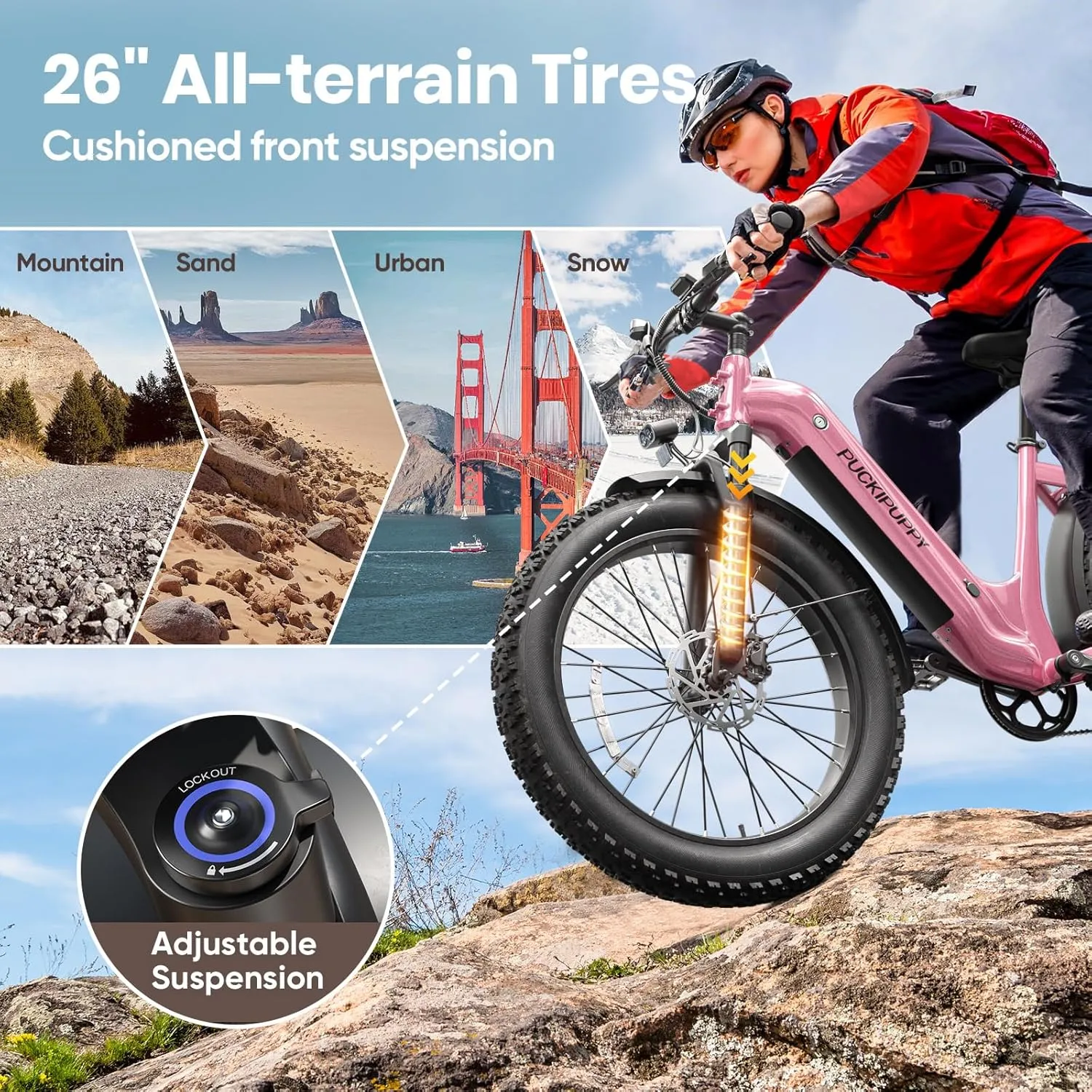 Electric Bike for Adults 960W, 26" Fat Tire, 48V 15AH Max 28MPH Off-Road Ebike, Step-Through Design Electric Mountain Hunting Bike with Rear Storage Shelf