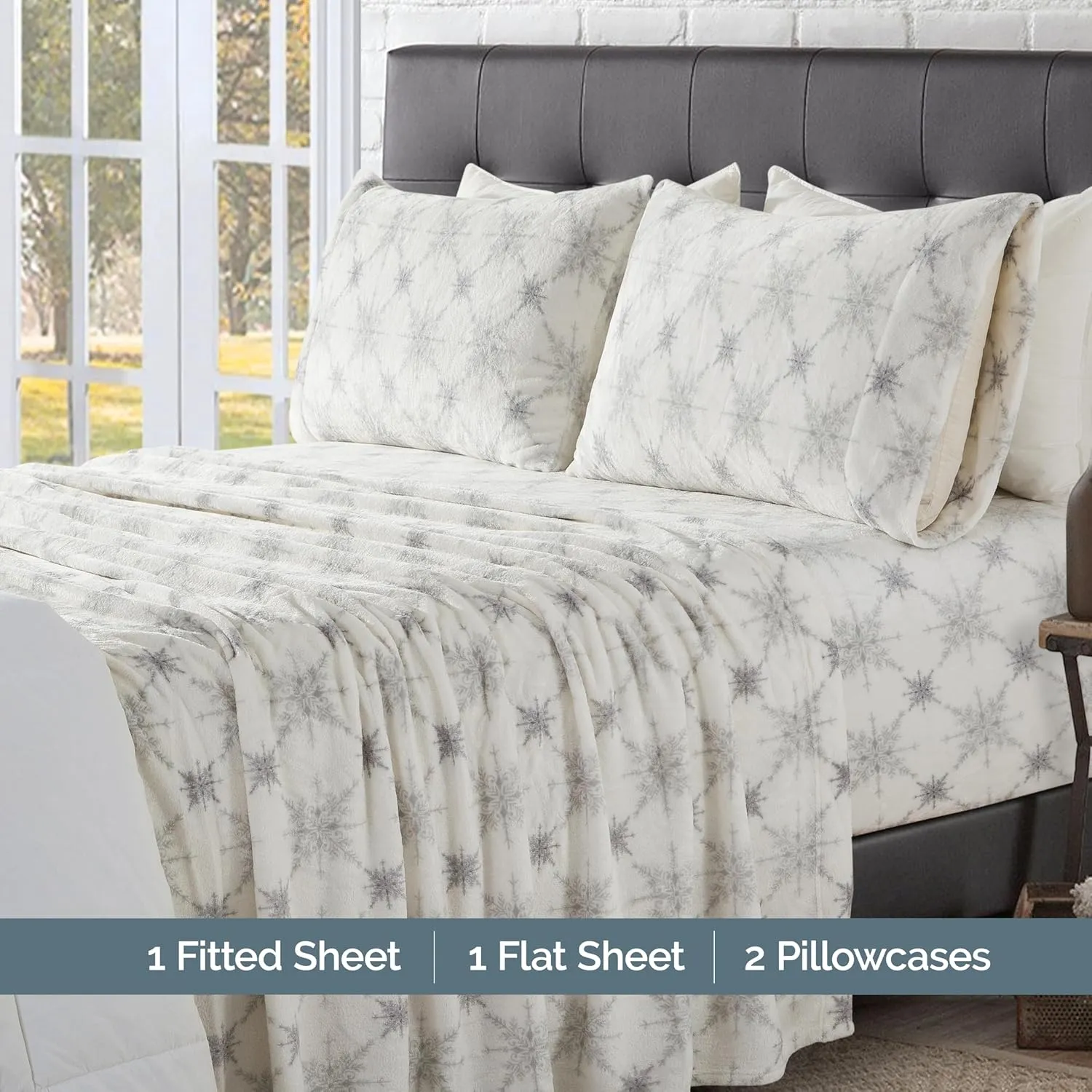 Elegant Comfort Luxuriously Soft 4-Piece Holiday Velvet Plush Flannel Sheet Set - Premium Quality - Cozy Warm, Christmas Fuzzy Velvet Flannel Fleece Deep Pocket Sheet Set - Queen, Beige Snowflake