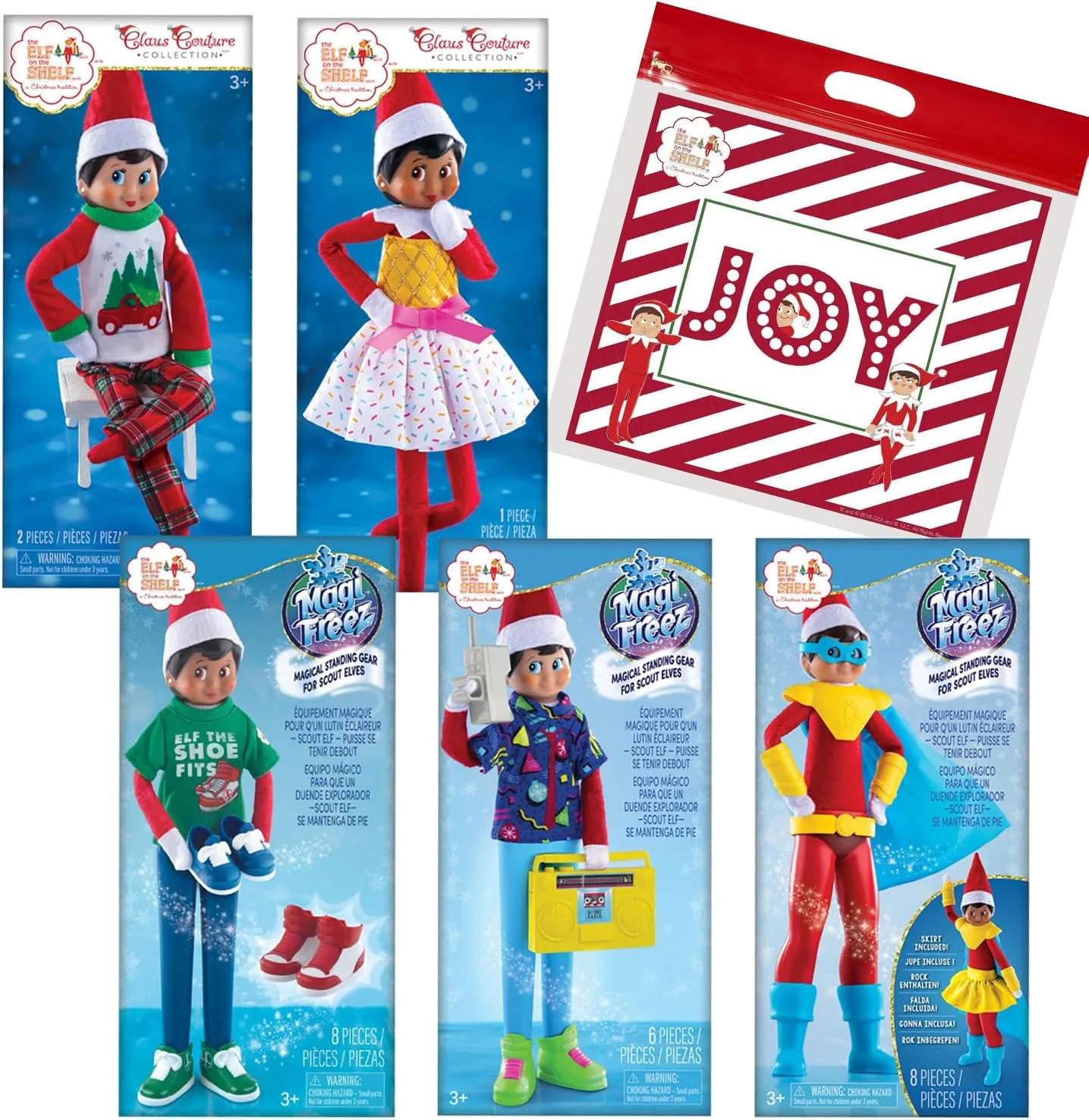 Elf on the Shelf Claus Couture New 2023 Set of 5: Tree Farm PJs, Ice Cream Party Dress, Polar Power Hero Set, Retro Rad '80s Gear, and Cool Kicks Sneaker Trio with Exclusive Joy Bag