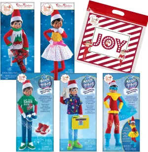 Elf on the Shelf Claus Couture New 2023 Set of 5: Tree Farm PJs, Ice Cream Party Dress, Polar Power Hero Set, Retro Rad '80s Gear, and Cool Kicks Sneaker Trio with Exclusive Joy Bag