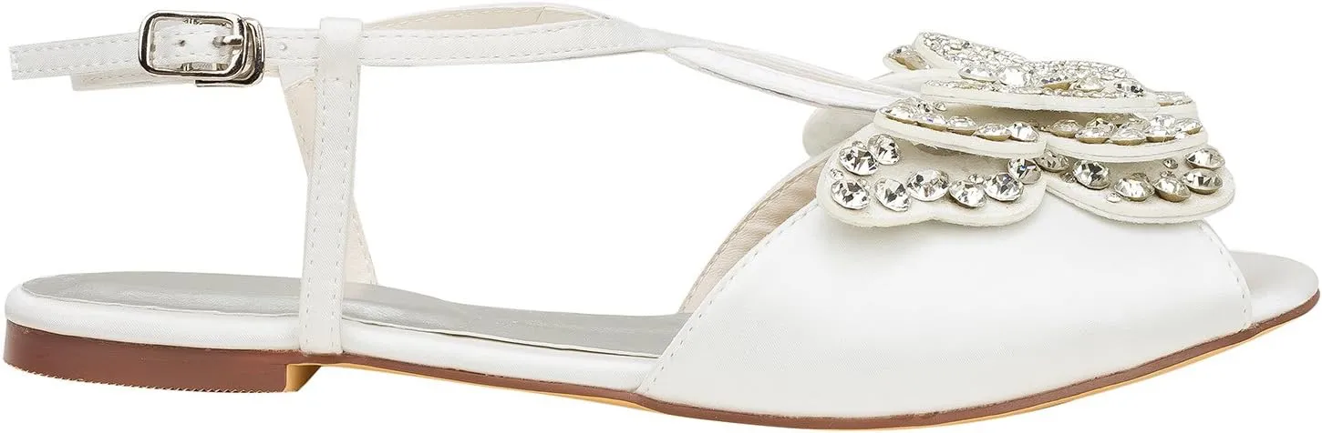 Emily Bridal Ivory Wedding Shoes Silk Peep Toe Butterfly Rhinestones Beaded Flat Sandals