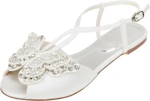 Emily Bridal Ivory Wedding Shoes Silk Peep Toe Butterfly Rhinestones Beaded Flat Sandals