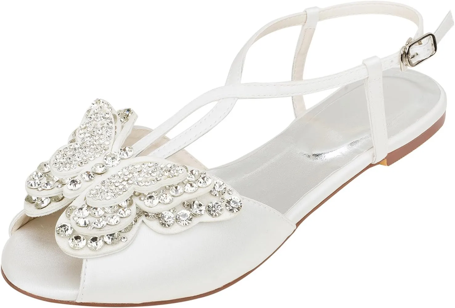 Emily Bridal Ivory Wedding Shoes Silk Peep Toe Butterfly Rhinestones Beaded Flat Sandals