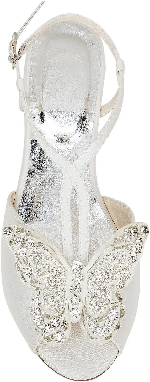 Emily Bridal Ivory Wedding Shoes Silk Peep Toe Butterfly Rhinestones Beaded Flat Sandals