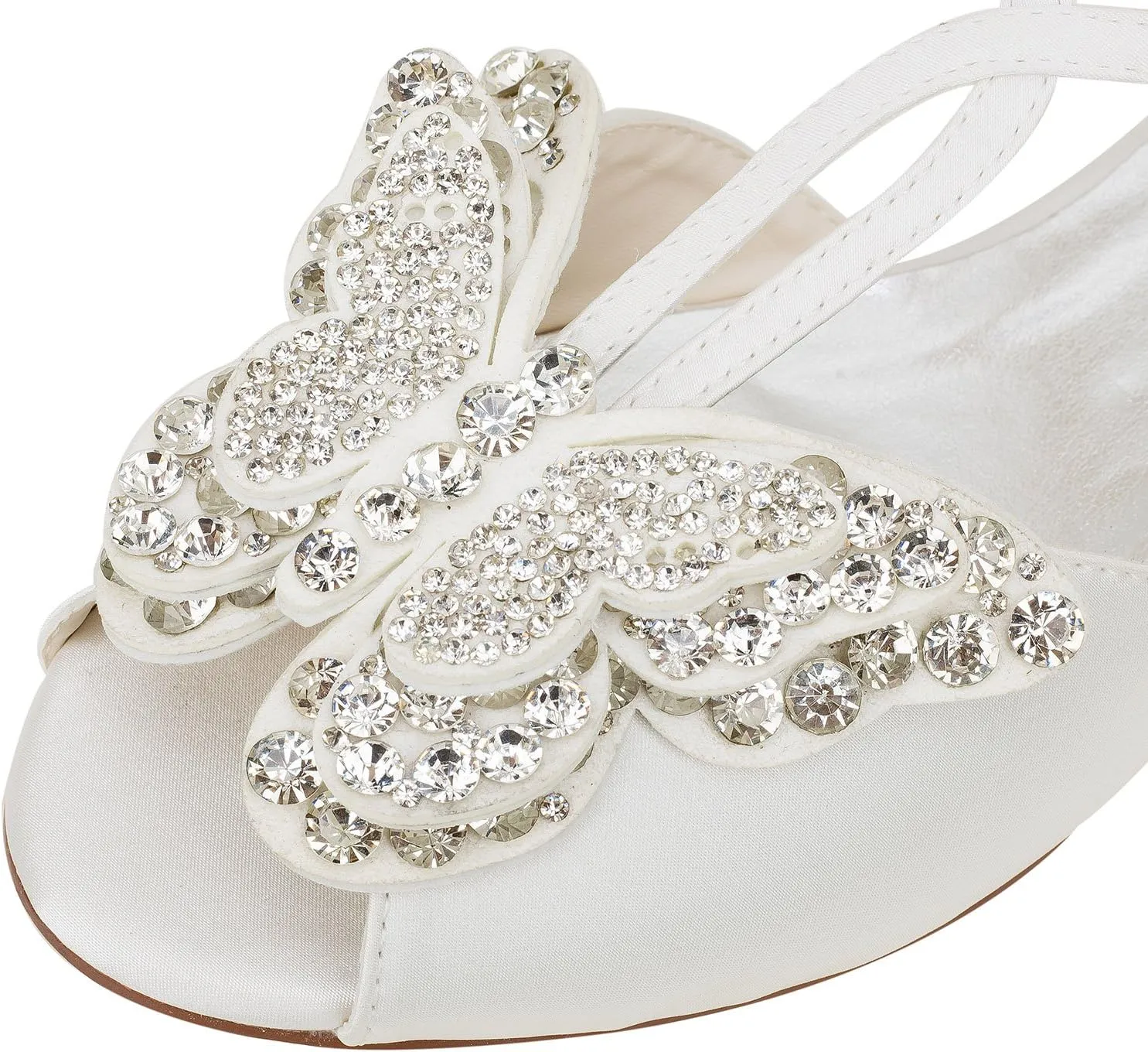 Emily Bridal Ivory Wedding Shoes Silk Peep Toe Butterfly Rhinestones Beaded Flat Sandals