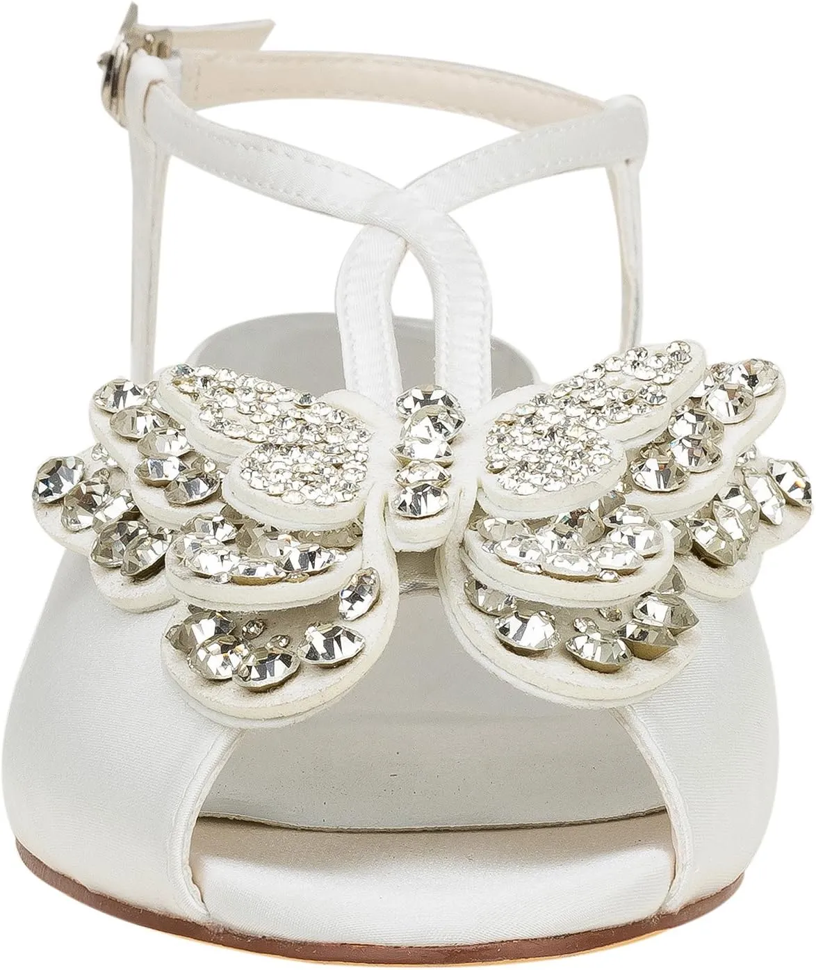 Emily Bridal Ivory Wedding Shoes Silk Peep Toe Butterfly Rhinestones Beaded Flat Sandals