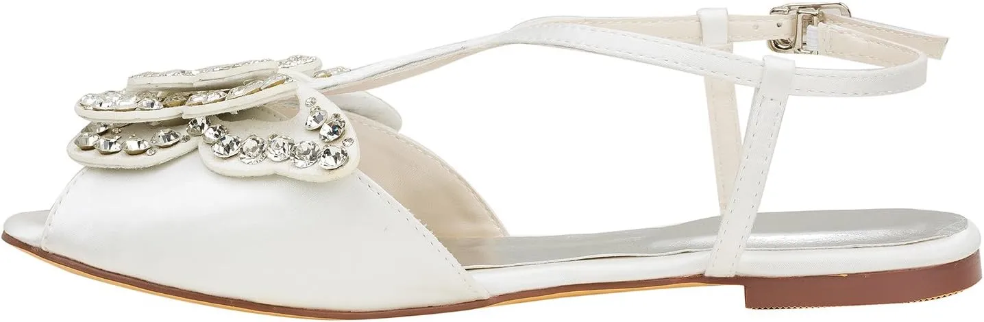 Emily Bridal Ivory Wedding Shoes Silk Peep Toe Butterfly Rhinestones Beaded Flat Sandals