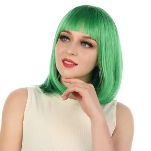 eNilecor Short Bob Hair Wigs 12" Straight with Flat Bangs Synthetic Colorful Cosplay Daily Party Wig for Women Natural As Real Hair  Free Wig Cap (Green)