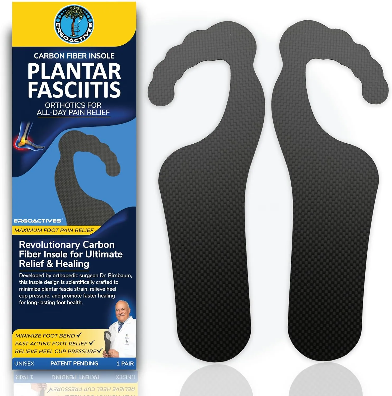 ERGOACTIVES Carbon Fiber Insole Specialized for Plantar Fasciitis - Hallux Rigidus, Sesamoid Fractures -Flat Feet -Mortons Relief- Stiff Foot Plate- Unisex Shoe Insert (1 Pair- 2 Units) (Men 9)