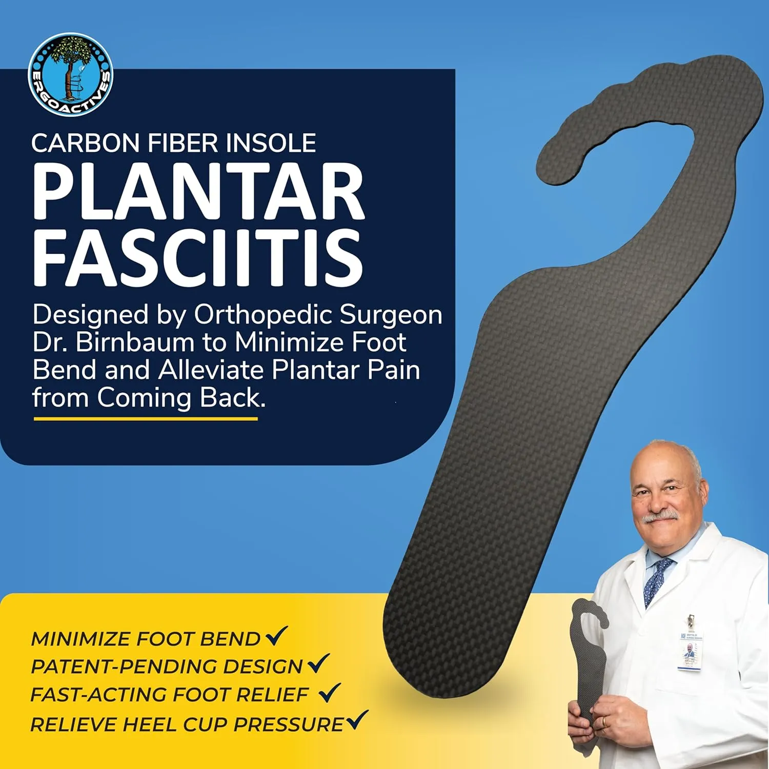 ERGOACTIVES Carbon Fiber Insole Specialized for Plantar Fasciitis - Hallux Rigidus, Sesamoid Fractures -Flat Feet -Mortons Relief- Stiff Foot Plate- Unisex Shoe Insert (1 Pair- 2 Units) (Men 9)