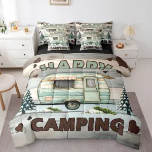 Erosebridal Rustic Farmhouse Camper Kids Twin Comforter Set 7 Piece Happy Camping Bedding Set for Boys Girls,Vintage Barn Door Camp Bed in A Bag Travel Camper Rv Bed Set for Children Teen