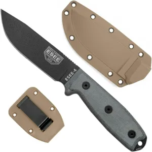Esee Knives, ESEE-4, Sharpened Clip Point Plain Edge, Coyote Brown Sheath, Clip Plate