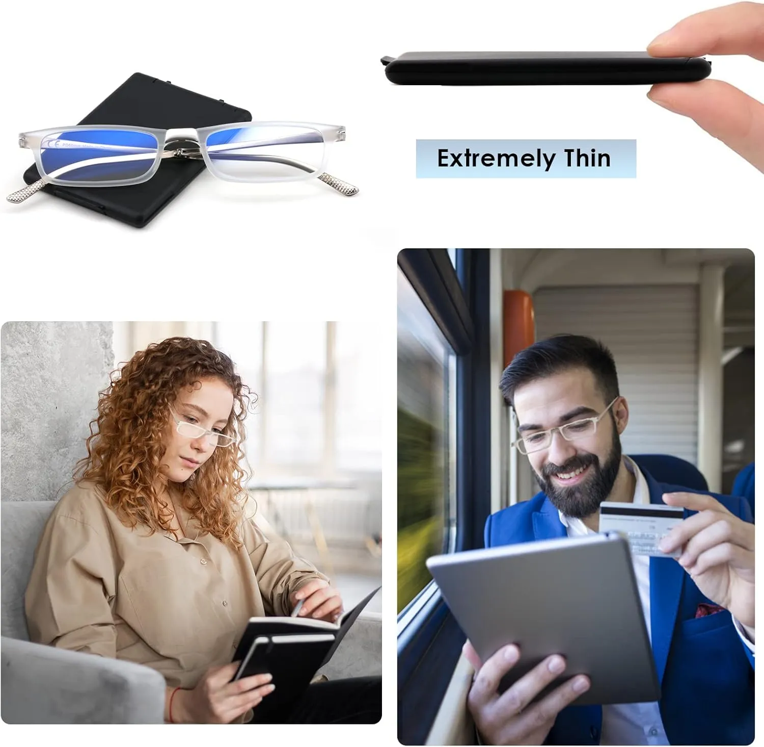 Evolved Folding Reading Glasses For Women Men Blue Light Blocking Anti UV Eyestrain Foldable Portable Compact Readers with Flat Hard Case Pocket Computer glasses, 1.0 CLEAR