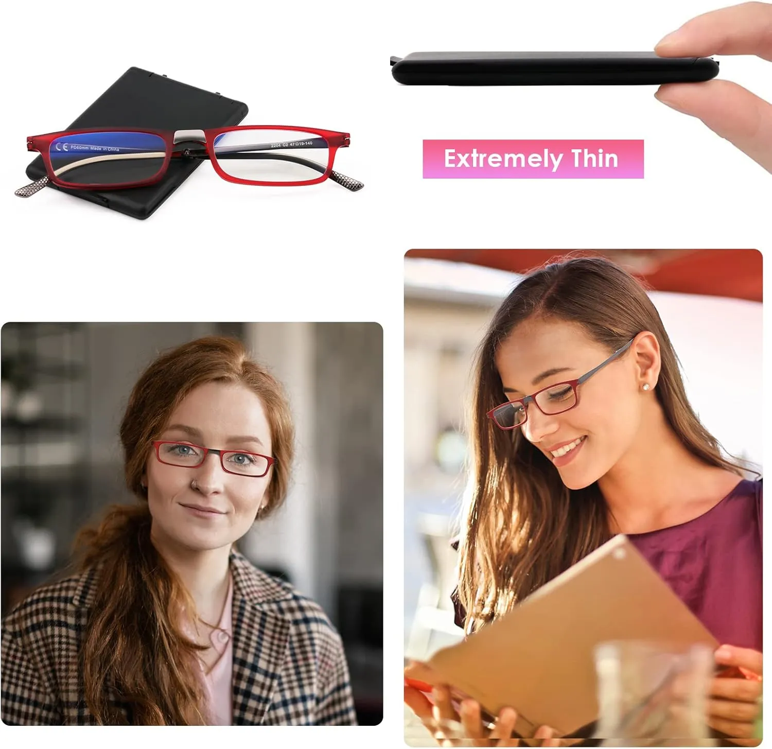 Evolved Folding Reading Glasses For Women Men Blue Light Blocking Anti UV Eyestrain Foldable Portable Compact Readers with Flat Hard Case Pocket Computer glasses 2.0 RED