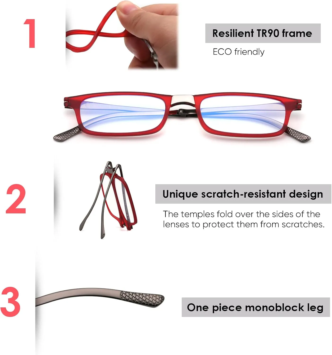 Evolved Folding Reading Glasses For Women Men Blue Light Blocking Anti UV Eyestrain Foldable Portable Compact Readers with Flat Hard Case Pocket Computer glasses 2.0 RED