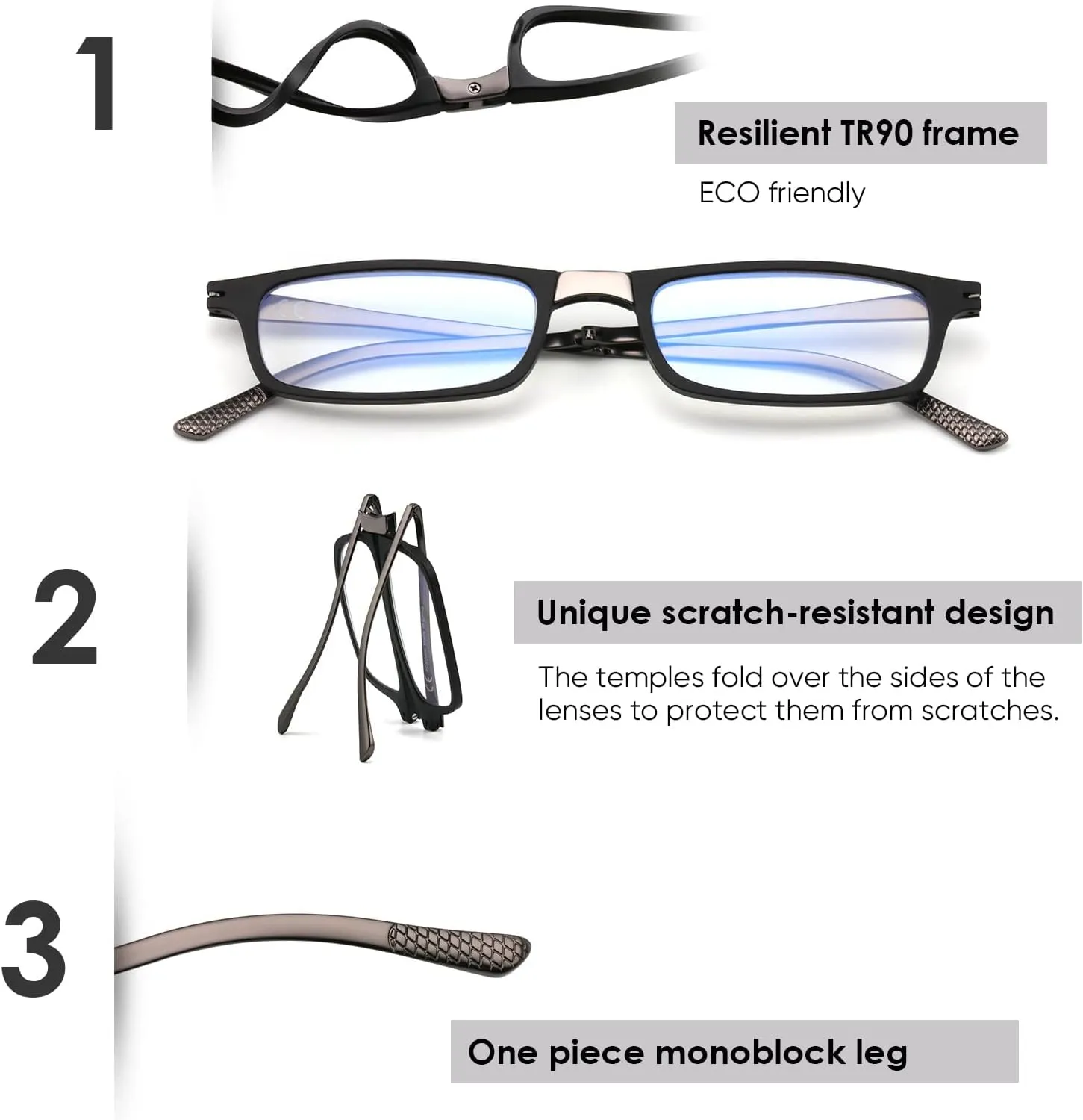 Evolved Folding Reading Glasses For Women Men Blue Light Blocking Anti UV Eyestrain Foldable Portable Compact Readers with Flat Hard Case Pocket Computer glasses 2.75 BLACK