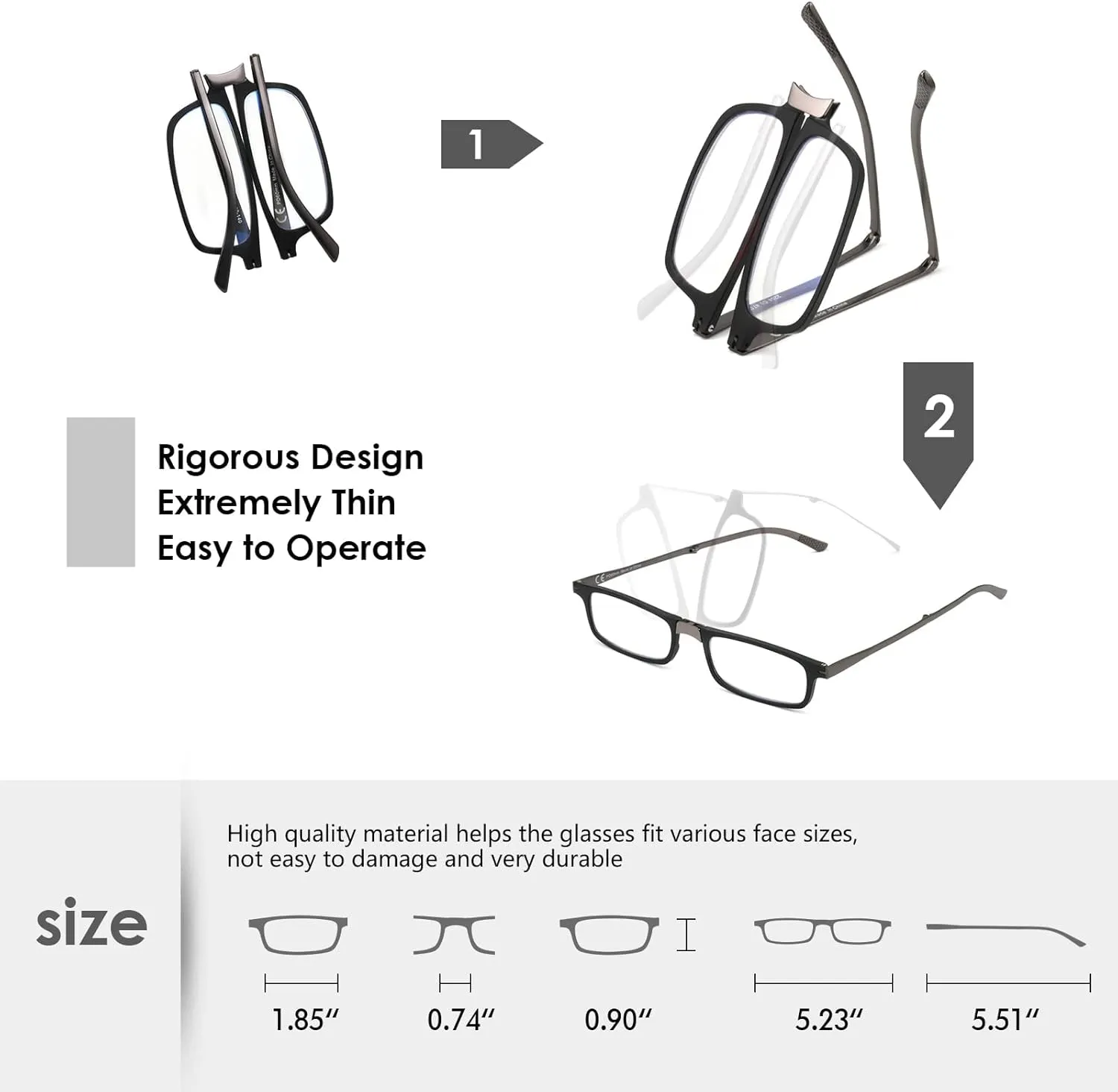 Evolved Folding Reading Glasses For Women Men Blue Light Blocking Anti UV Eyestrain Foldable Portable Compact Readers with Flat Hard Case Pocket Computer glasses 2.75 BLACK