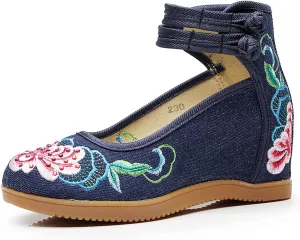 Exquisite Embroidered Ankle Strap Wedge Shoes Casual Walking Sandals Soft Dress Bridal Wedding Dance Shoes For Women