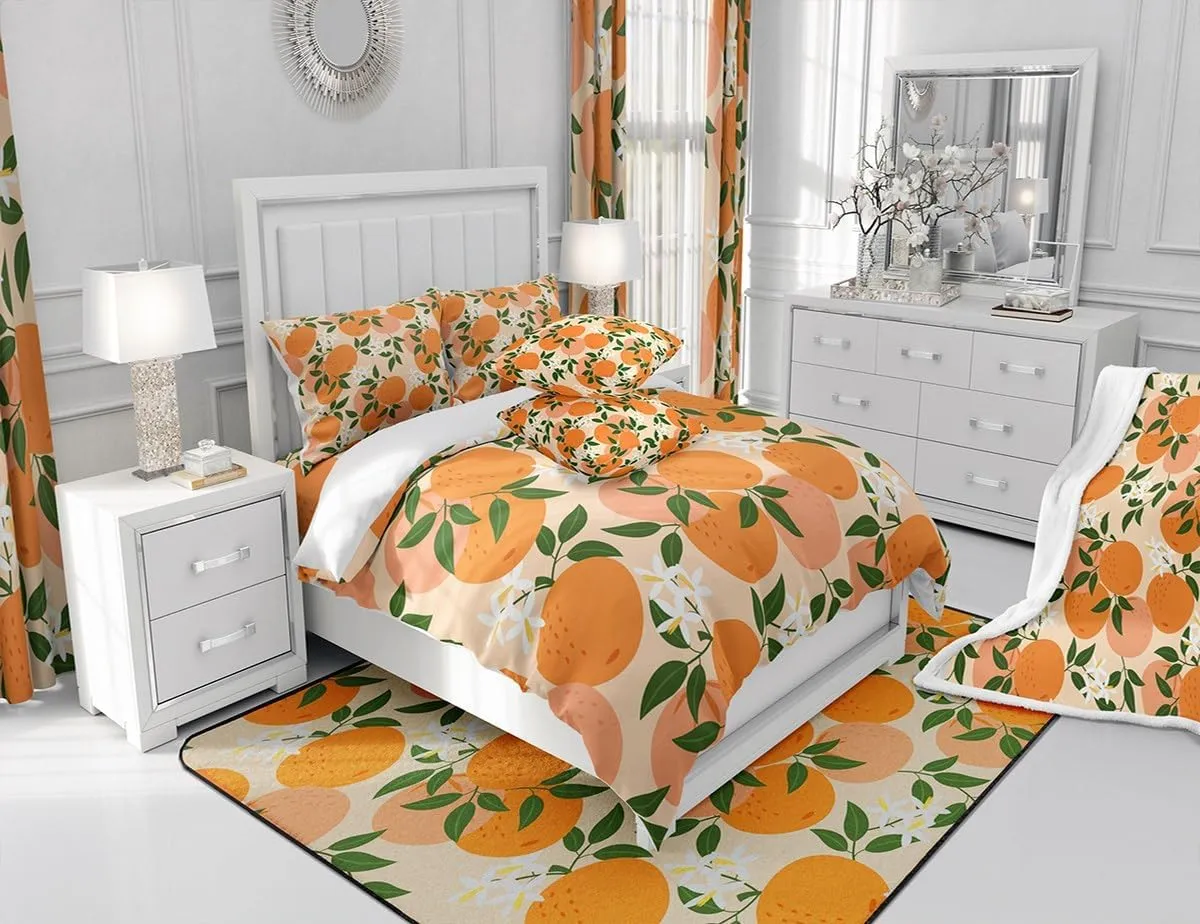Feelyou Cartoon Orange Fitted Sheet Fresh Oranges Bed Sheets for Kids Boys Girls Cartoon Citrus Fruit Bedding Set Fruit Style Sheets Set Bedroom Collection 3Pcs Queen Size,No Flat Sheet