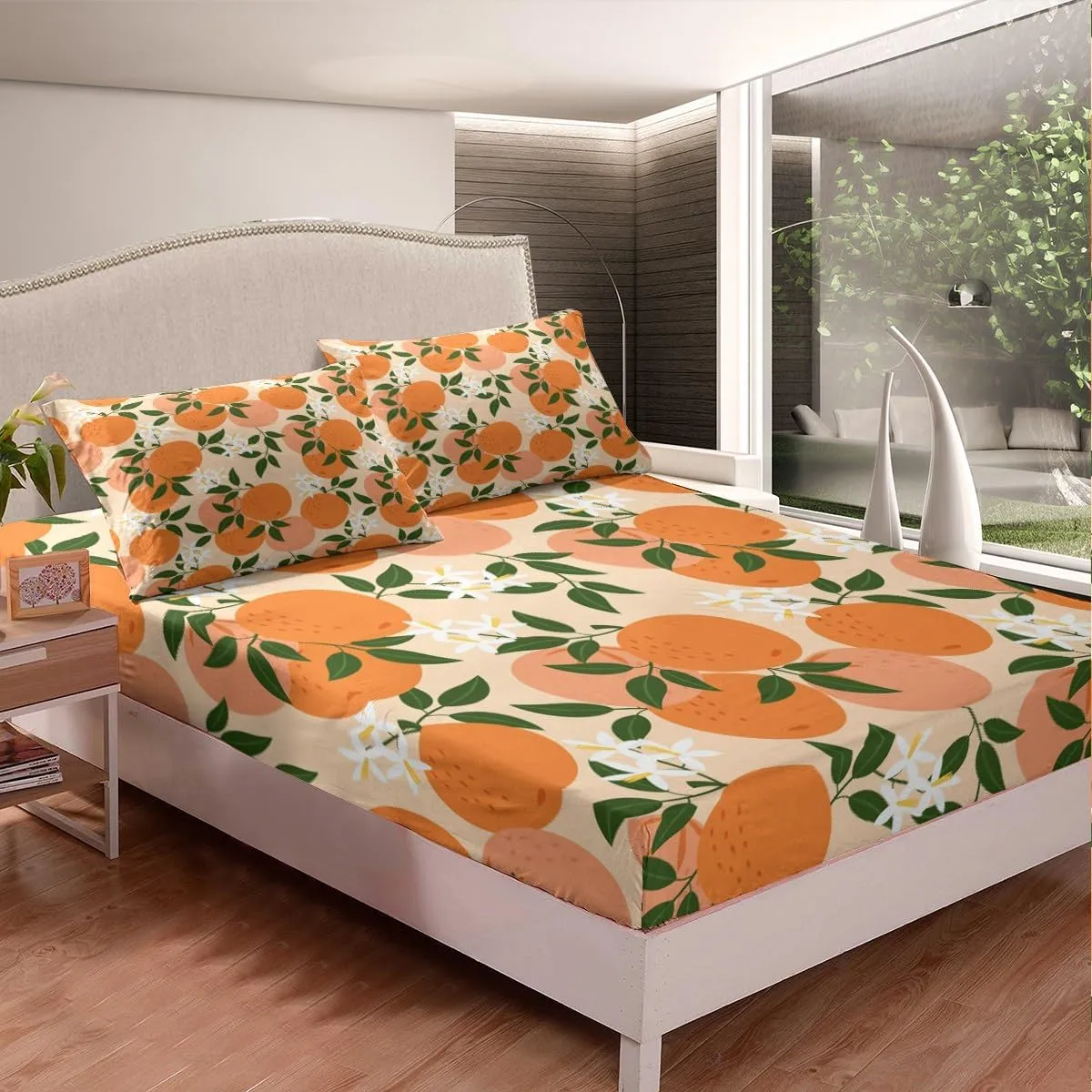 Feelyou Cartoon Orange Fitted Sheet Fresh Oranges Bed Sheets for Kids Boys Girls Cartoon Citrus Fruit Bedding Set Fruit Style Sheets Set Bedroom Collection 3Pcs Queen Size,No Flat Sheet