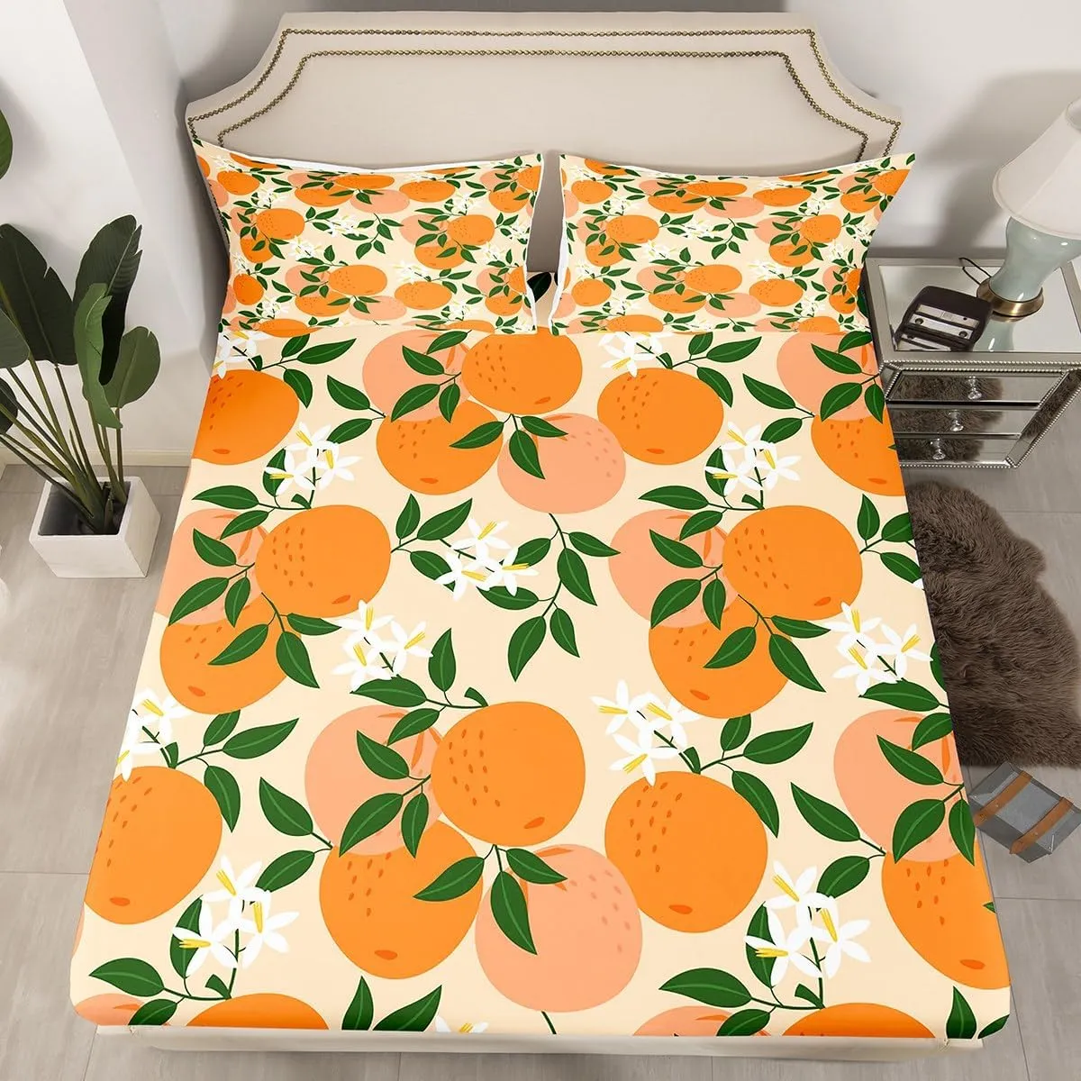 Feelyou Cartoon Orange Fitted Sheet Fresh Oranges Bed Sheets for Kids Boys Girls Cartoon Citrus Fruit Bedding Set Fruit Style Sheets Set Bedroom Collection 3Pcs Queen Size,No Flat Sheet
