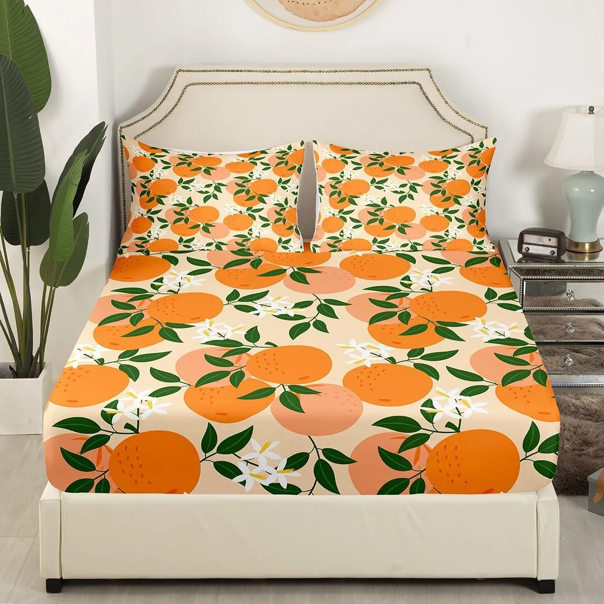 Feelyou Cartoon Orange Fitted Sheet Fresh Oranges Bed Sheets for Kids Boys Girls Cartoon Citrus Fruit Bedding Set Fruit Style Sheets Set Bedroom Collection 3Pcs Queen Size,No Flat Sheet