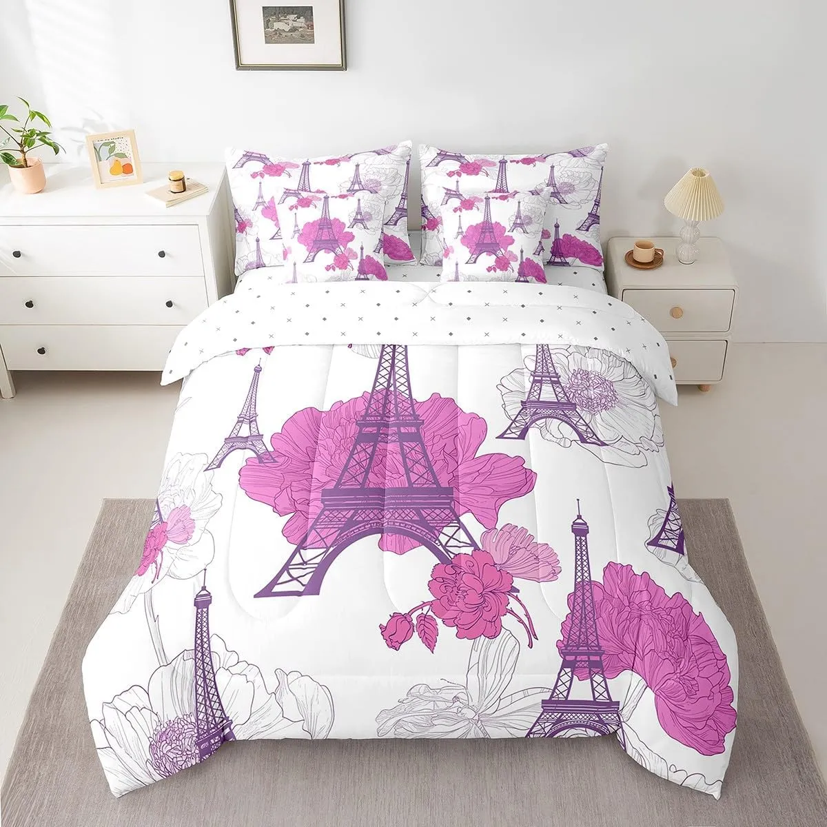 Feelyou Eiffel Tower Comforter Set Full Size 7 Pieces Kids Romantic Paris Bedding Set Boys Girls Purple Floral Flower Bed in a Bag Soft Bed Set with Bed in a Bag, Sheets, Pillowcases, Cushion Cover
