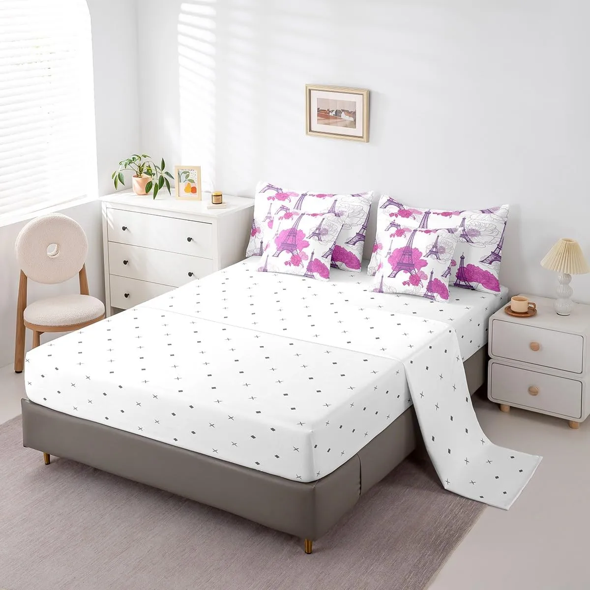 Feelyou Eiffel Tower Comforter Set Full Size 7 Pieces Kids Romantic Paris Bedding Set Boys Girls Purple Floral Flower Bed in a Bag Soft Bed Set with Bed in a Bag, Sheets, Pillowcases, Cushion Cover
