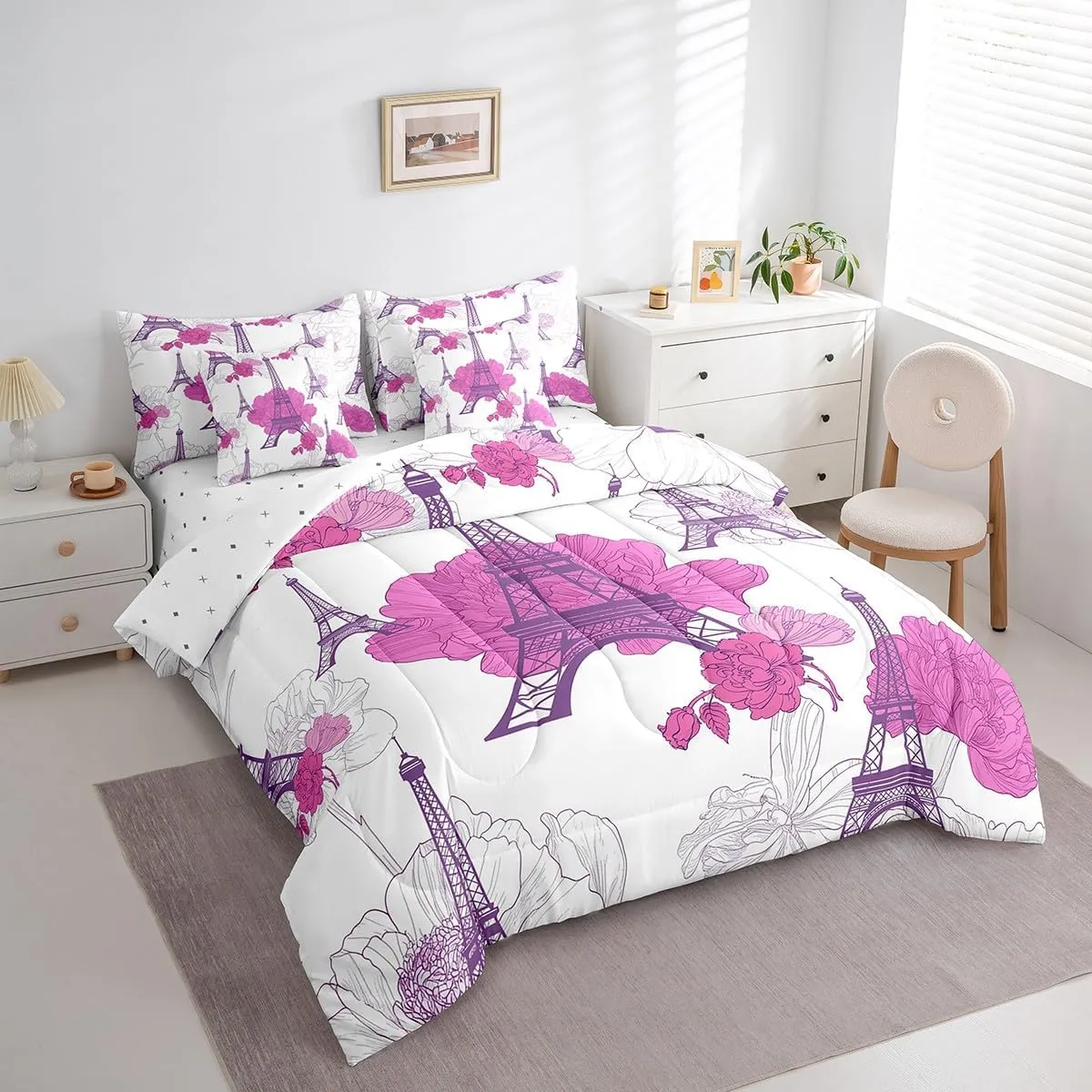 Feelyou Eiffel Tower Comforter Set Full Size 7 Pieces Kids Romantic Paris Bedding Set Boys Girls Purple Floral Flower Bed in a Bag Soft Bed Set with Bed in a Bag, Sheets, Pillowcases, Cushion Cover