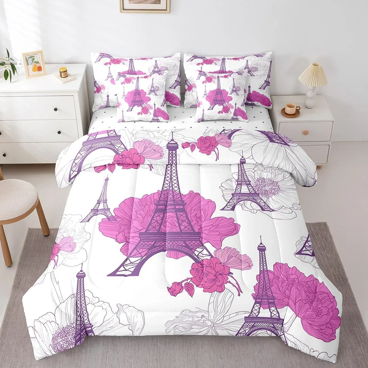 Feelyou Eiffel Tower Comforter Set Full Size 7 Pieces Kids Romantic Paris Bedding Set Boys Girls Purple Floral Flower Bed in a Bag Soft Bed Set with Bed in a Bag, Sheets, Pillowcases, Cushion Cover