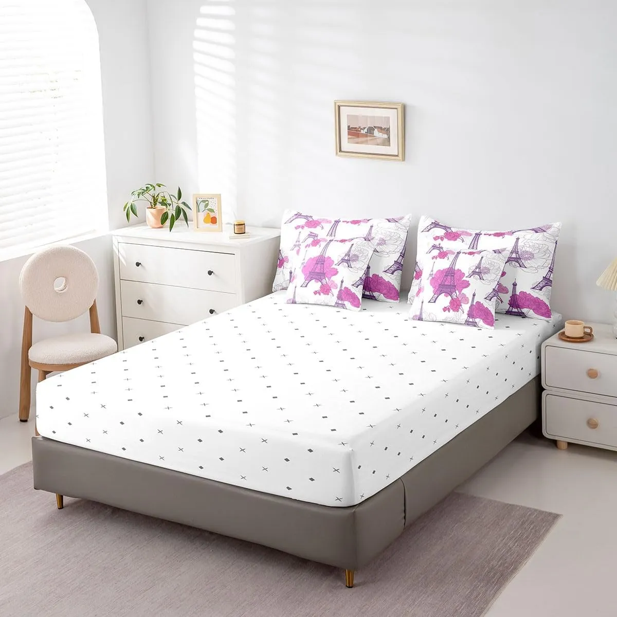 Feelyou Eiffel Tower Comforter Set Full Size 7 Pieces Kids Romantic Paris Bedding Set Boys Girls Purple Floral Flower Bed in a Bag Soft Bed Set with Bed in a Bag, Sheets, Pillowcases, Cushion Cover