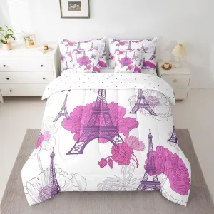 Feelyou Eiffel Tower Comforter Set Full Size 7 Pieces Kids Romantic Paris Bedding Set Boys Girls Purple Floral Flower Bed in a Bag Soft Bed Set with Bed in a Bag, Sheets, Pillowcases, Cushion Cover