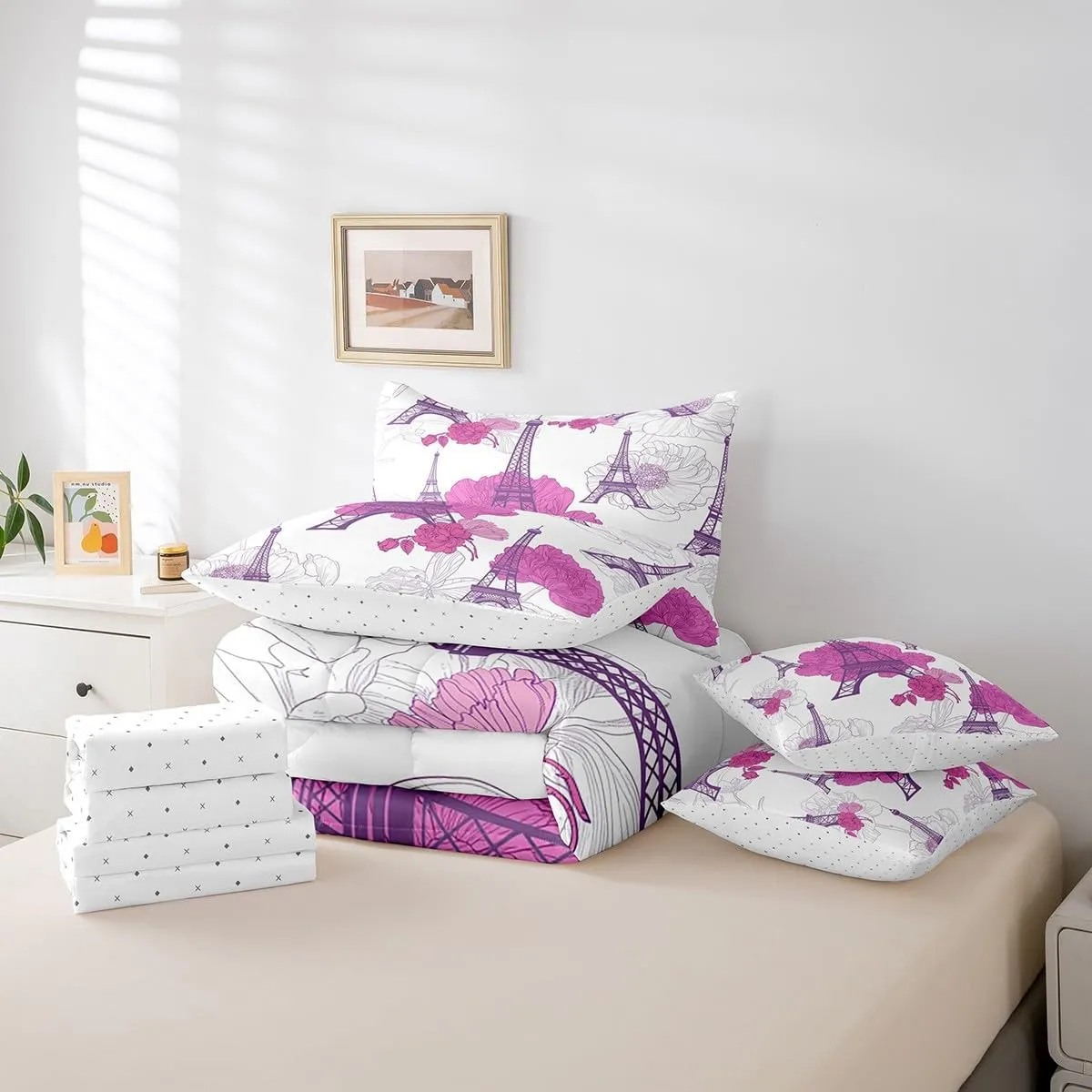 Feelyou Eiffel Tower Comforter Set Full Size 7 Pieces Kids Romantic Paris Bedding Set Boys Girls Purple Floral Flower Bed in a Bag Soft Bed Set with Bed in a Bag, Sheets, Pillowcases, Cushion Cover