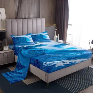 Feelyou Ocean Wave Sheet Set Twin for Kids Summer Sea Wave Surfing Sheets Bedding Set Teens Women Men Hawaiian Tropical Printed Bed Sheet Microfiber Beach Bed Set with 1 Pillow Shams, Blue