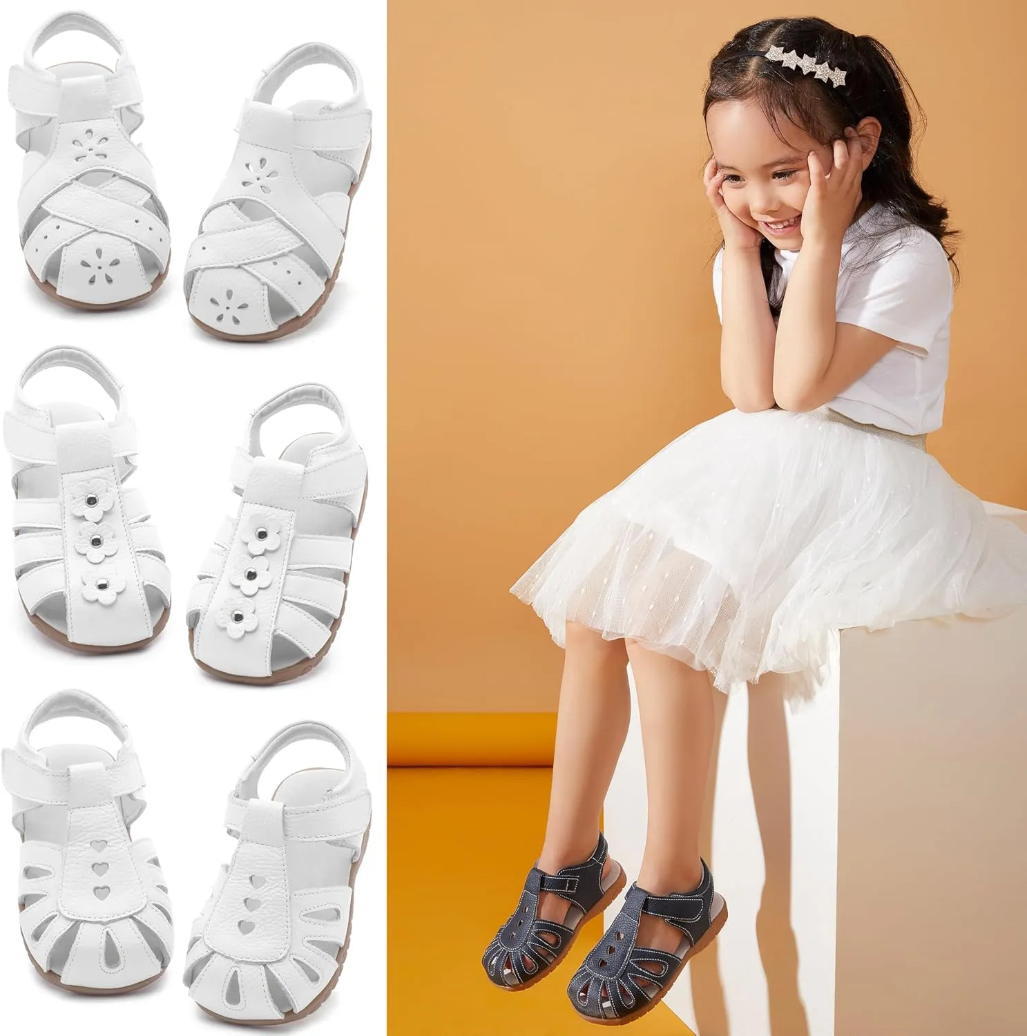 Femizee Girls Genuine Leather Soft Closed Toe Princess Flat Shoes Summer Sandals(Toddler/Little Kid)