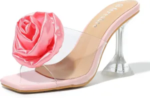 fereshte Women's Flower Heels Satin Rose Square Toe High Heeled Mule Dress Party Wedding Sandals