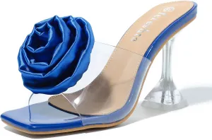 fereshte Women's Flower Heels Satin Rose Square Toe High Heeled Mule Dress Party Wedding Sandals