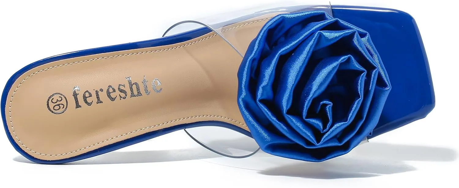 fereshte Women's Flower Heels Satin Rose Square Toe High Heeled Mule Dress Party Wedding Sandals