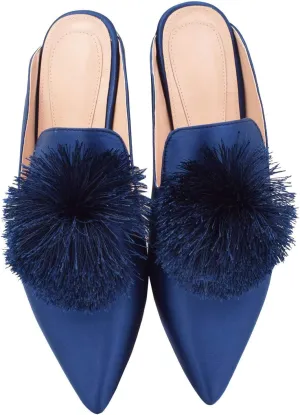 Fericzot Slip On Mule Backless Loafers Flats Puff Pompom Pointed Toe Casual Shoes Slippers