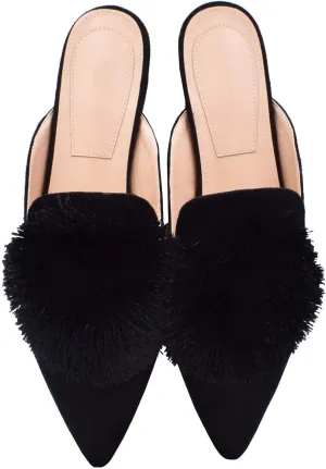 Fericzot Slip On Mule Backless Loafers Flats Puff Pompom Pointed Toe Casual Shoes Slippers