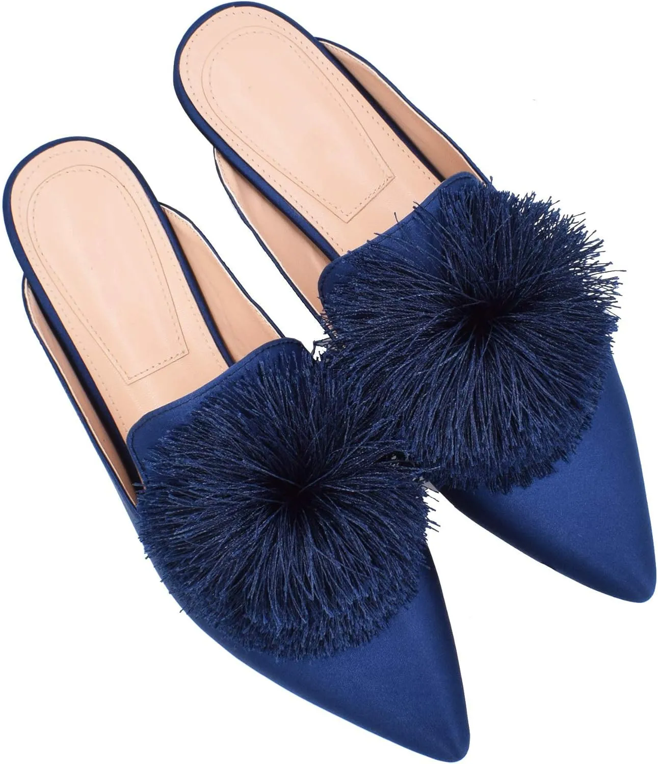 Fericzot Slip On Mule Backless Loafers Flats Puff Pompom Pointed Toe Casual Shoes Slippers