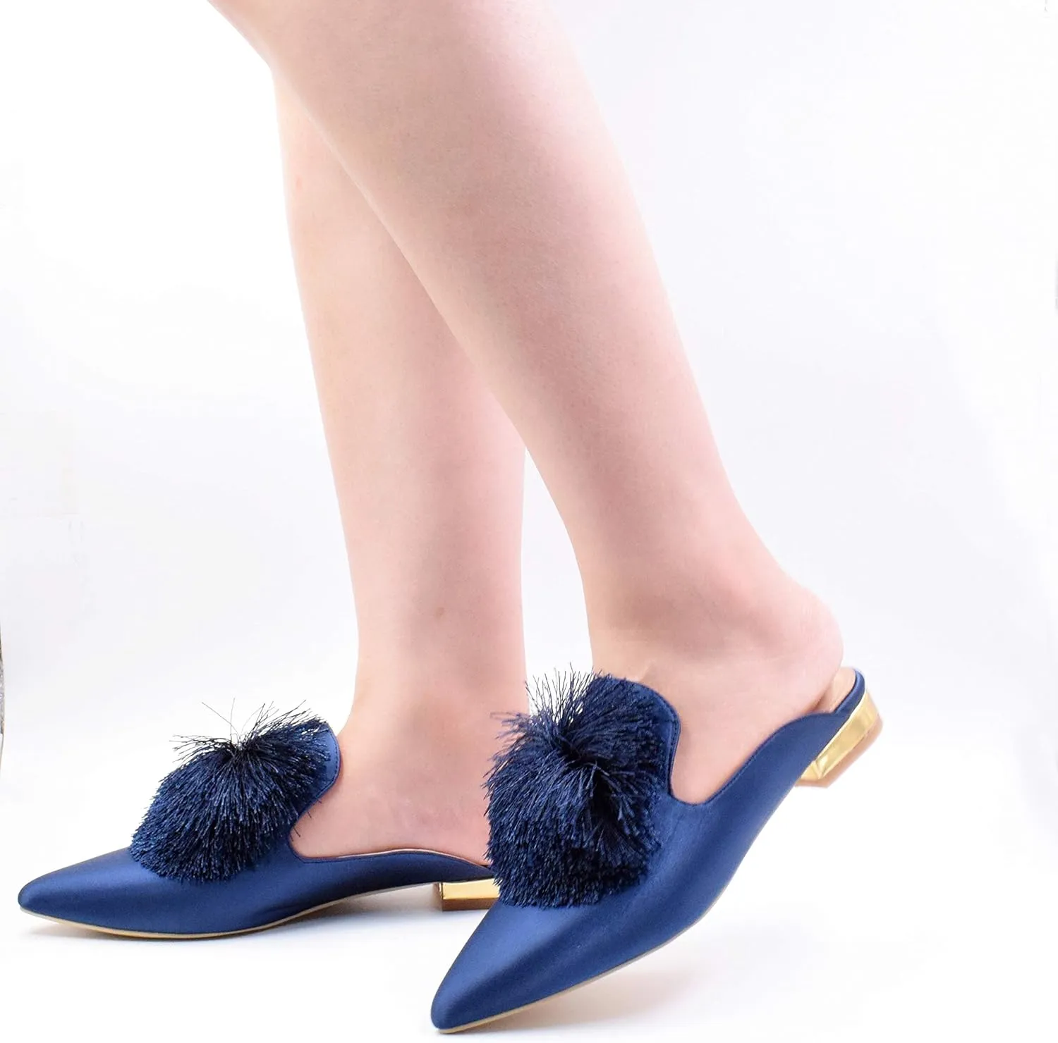 Fericzot Slip On Mule Backless Loafers Flats Puff Pompom Pointed Toe Casual Shoes Slippers