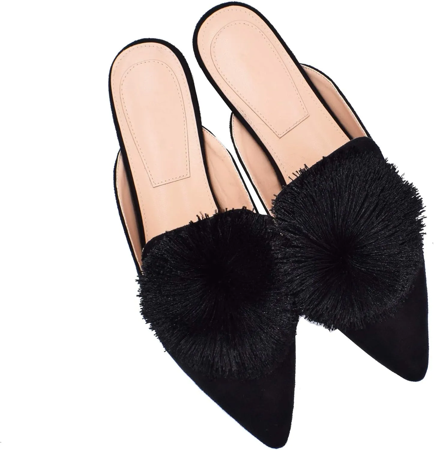 Fericzot Slip On Mule Backless Loafers Flats Puff Pompom Pointed Toe Casual Shoes Slippers