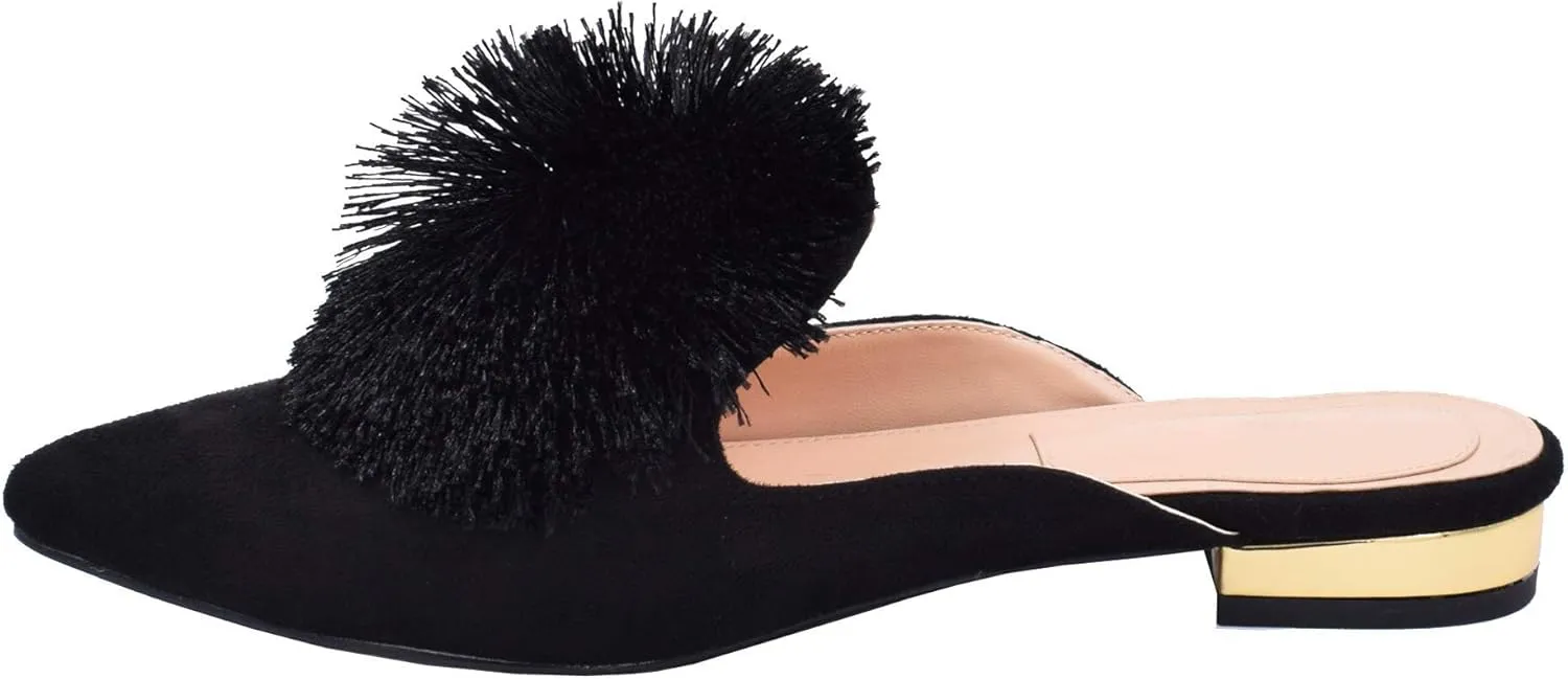 Fericzot Slip On Mule Backless Loafers Flats Puff Pompom Pointed Toe Casual Shoes Slippers