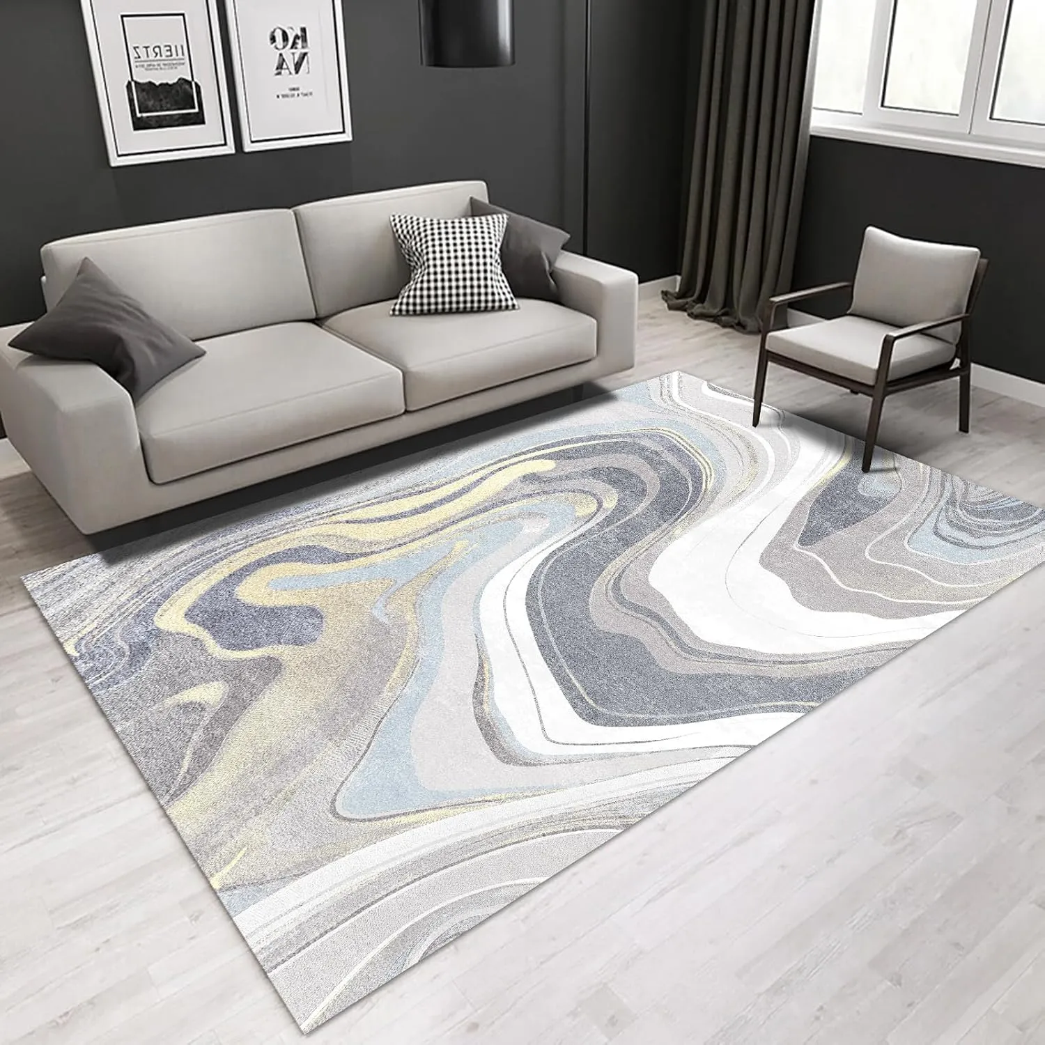 FINOREN Mountain Ripple Area Rug,4x6 Feet,for Living Room,Bedroom,Kitchen,Hallway,Non-Slip Backing,Soft Washable Rug,Gray-Blue
