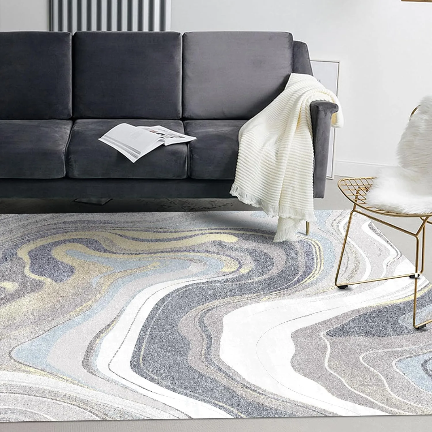 FINOREN Mountain Ripple Area Rug,4x6 Feet,for Living Room,Bedroom,Kitchen,Hallway,Non-Slip Backing,Soft Washable Rug,Gray-Blue