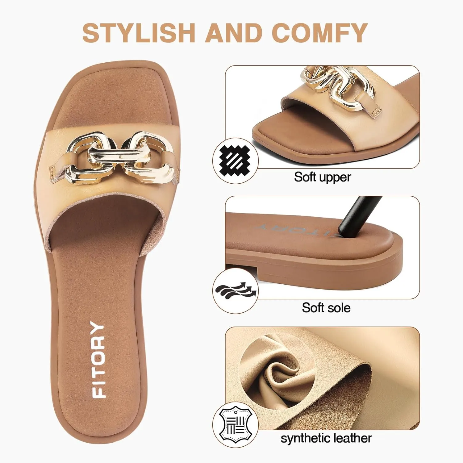 FITORY Women's Flat Sandals Fashion Slides With Soft Leather Slippers for Summer Size 6-11
