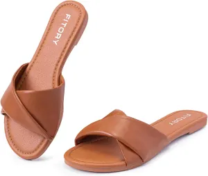 FITORY Women's Flat Sandals Fashion Slides With Soft Leather Slippers for Summer Size 6-11