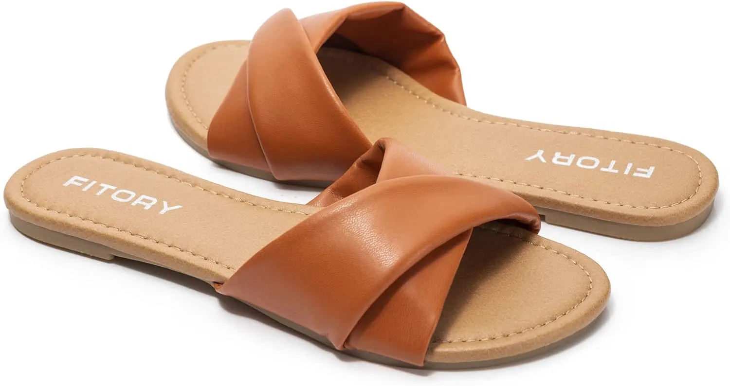 FITORY Women's Flat Sandals Fashion Slides With Soft Leather Slippers for Summer Size 6-11