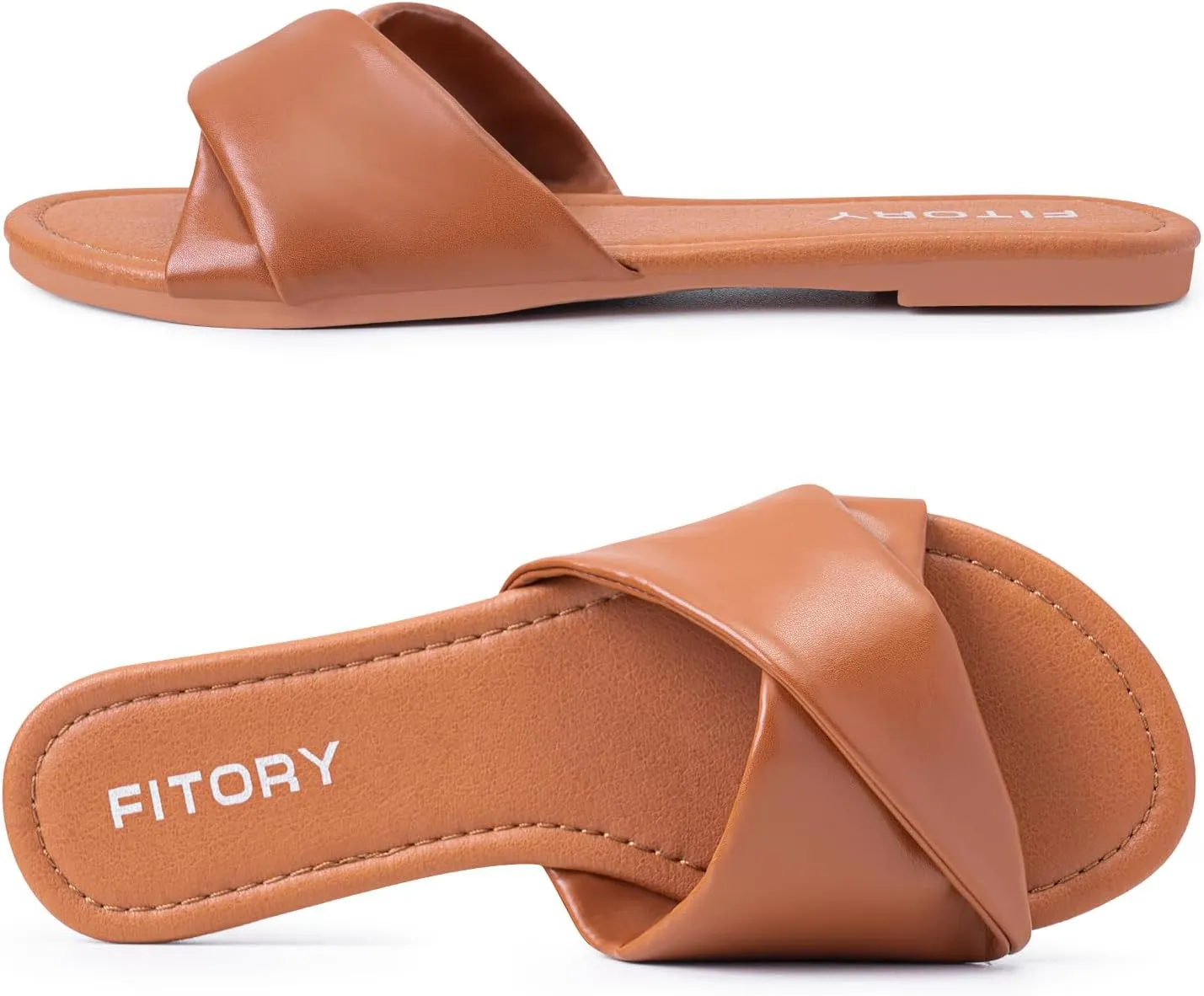 FITORY Women's Flat Sandals Fashion Slides With Soft Leather Slippers for Summer Size 6-11